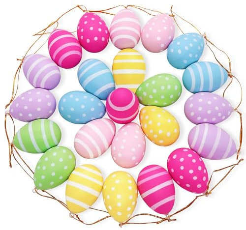 Mizijia 24x Ostereier zum Aufhängen - Schöne Osterdeko mit Tollen Oster-Motiven - Deko Ostereier in 5 Farben, Dekorative Ostereier mit Schnur zum Aufhängen, Bunte Ostereier Plastik, Größe: 6 cm