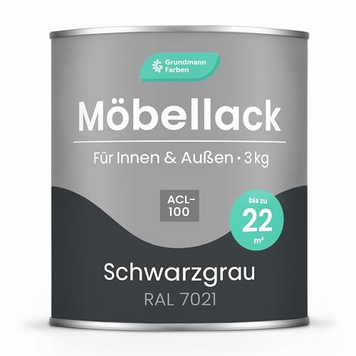 Grundmann Möbellack ACL 100 - Schwarzgrau 3 Kg - Lösemittelfrei & Geruchsarm - 4in1 Möbelfarbe inkl. Grundierung - Innen und Außen - Für Holz, Metall & Kunststoff - RAL 7021 Schwarzgrau