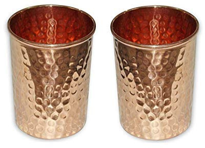 OSNICA 2 Stück handgefertigte Kupferglasbecher für Wasser, Indien, Kupferbecher, besser als Gläser, sicherer als Kunststoff, Fassungsvermögen 350 ml (Design 01)