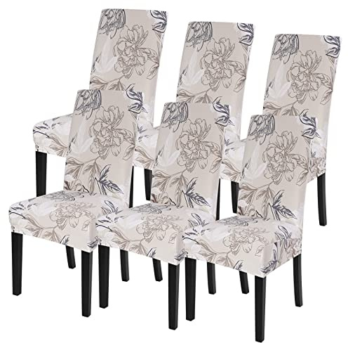 NIBESSER Coprisedie con Schienale Elasticizzato 4/6 Pezzi Coprisedia Universale Elegante per Cucina Sala da Pranzo Copertura per Sedia Stampata Lavabile Antimacchia(Fiori Beige 2，6 Pezzi)