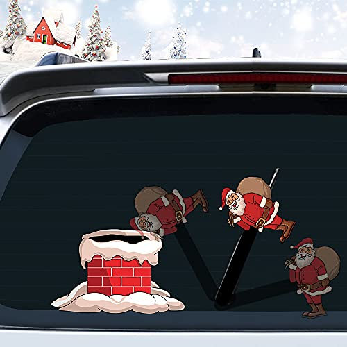 Iprokiu Christmas Santa Claus and Chimney Rear Window Wiper Decal Funny Waving Arm Wiper Sticker Reusable Windshield Wiper Decal Christmas Decoration Car Sticker (Santa Claus with Gift and Chimney)