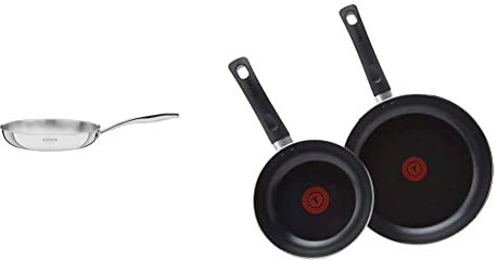 Tramontina Grano Frying Pan Stainless Steel for Induction, Electric, Gas and Ceramic Glass Hobs, ‎Cookware, Kitchen, 26 cm, 2.2L & Tefal Aluminium Non-Stick 20cm & 28cm Frying Pan Twin Pack, Black