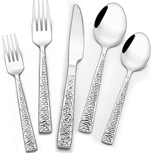 Hammered Silverware Set, Wildone 30-teiliges Edelstahl-Besteck für 6 Personen, lebensmittelechtes Besteck, Messer, Gabeln, Löffel, spiegelnde Oberfläche, spülmaschinenfest