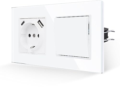 JIMEIDA Schalter-Steckdose mit USB-A&C, Glas weiß, 16A, 157x86mm | Steckdose, 2x USB (A+C) 2,1A, 16A, Glas Panel, Kindersicherung, Feuerfest, Unterputz, 157x86mm, weiß