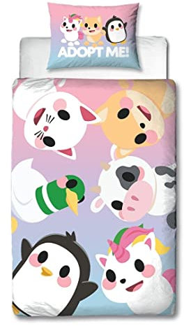 Character World Offizielles Adopt Me Bettwäsche-Set für Einzelbett, wendbar, zweiseitig, inklusive passendem Kissenbezug, Einzelbett-Set, Polycotton