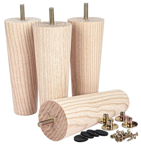 La Vane 6 inch Ash Wood Tapered Furniture Legs 4-Pack with M8 Thread | Unfinished Ash Wood with Straight Grain, 400lb Load Capacity, Hardware inclu., Mid-Century Modern, Upgrade for Sofa Cabinet