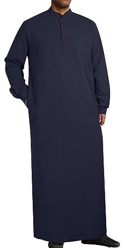 YAOHUOLE Mens Long Sleeve Muslim Thobe Kurta for Men Casual Ethnic Kaftan Robes Ayaba with Pocket Dark Blue 2XL