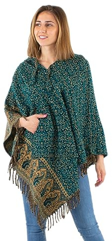 Coline Poncho con Cappuccio Floreale, Stile Casual con Frange Decorative (IT, Testo, Taglia unica, Regular, Regular, Petrole)