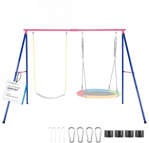 COSTWAY Portique Balançoire Exterieur en Métal avec Cadre en Forme A，Support de Balançoire Enfant avec Tapis Antidérapant, Charge 300kg pour Intérieur Extérieur, 249x185x180cm, sans Balançoire