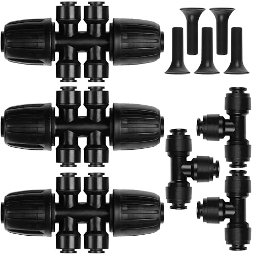 Carpathen Drip Irrigation Fittings Pack - Push-to-Connect Irrigation System Compatible - 3 x 4Way Coupler 1/2 to 1/4, 3 x 3 Way Tee T Shape Barbed 1/4 Drip Tubing Splitter, 5 x 1/4 End Plugs