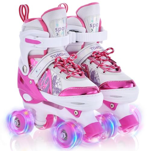 TOMSHOO Rollschuhe Kinder, Roller Skates mit 4 Größen Verstellbar, LED Rädern, Mehrere Größenoptionen, für Weihnachts und Geburtstags Geschenke, Größe M, Rosa