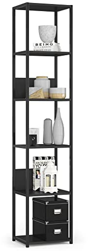 AKORD Bücherregal mit 6 Ablagen 40cm breit | Industrial/Loft-Style | Offen | Skelettbauweise | Standregal | Holz/Metall | Für Küche, Schlafzimmer, Büro | Regal mit Metallrahmen | Schwarz