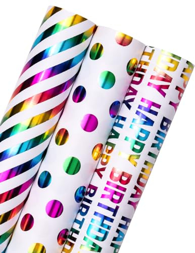 RUSPEPA Rotolo di carta da regalo di compleanno, mini rotolo, 3 rotoli, 43,2 cm x 3,05 m per rotolo, design colorato per compleanni, feste, vacanze, baby shower