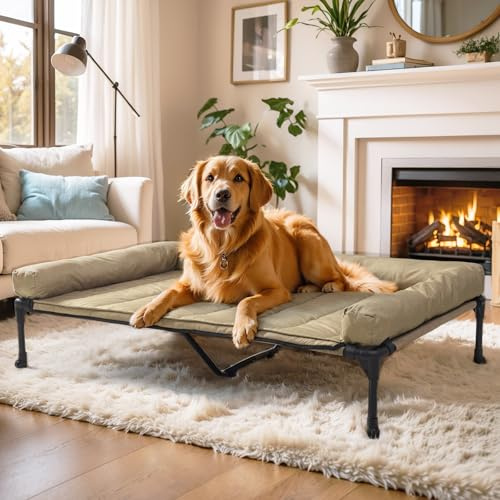 Veehoo Outdoor Hundeliege erhöht, Hundebett Erhöht mit abnehmbarem Bloster Kühlendes Erhöhtes Hundebett mit Atmungsaktivem Teslin-Netz für Haus und Garten, Beige 125 x 83 x 22.5cm