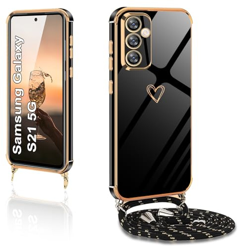 XCYYOO Handykette für Samsung Galaxy S21 5G Hülle mit Band,Handyhülle Samsung Galaxy S21 5G mit Kette Love Design Galvanik Silikon Stoßfest Schutzhülle mit Kordel zum Umhängen Kameraschutz, Schwarz