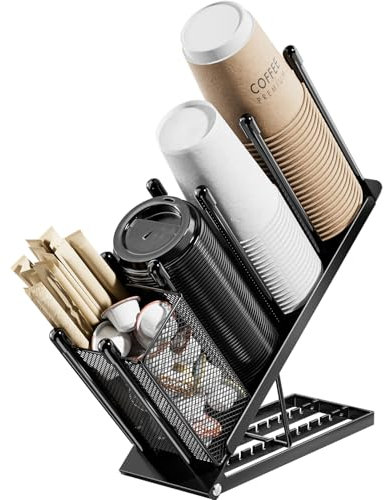 JANE EYRE Adjustable Cup Holder and Lid Holder – Coffee Cup Holder Organizer with Dispenser for Disposable 4 Compartments Basket Straw Holder Pods for Coffee Station Bar in Metal, Black