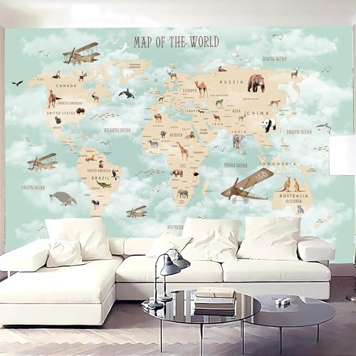 Grande carte du monde de dessin animé 3D pour enfants, papier peint autocollant amovible à décoller et à coller