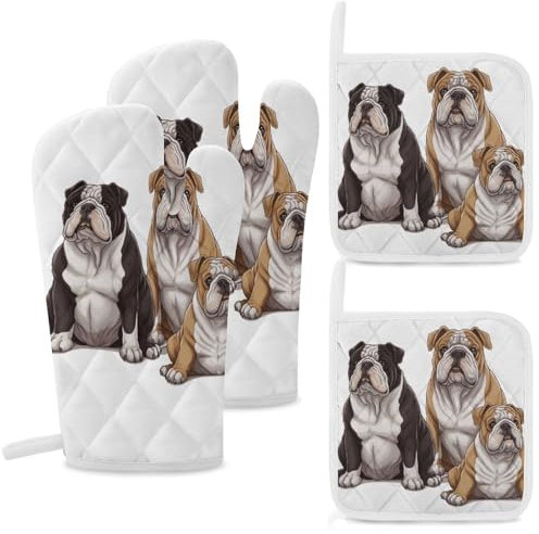 Ofenhandschuhe und Topflappen-Set, 4-teilig, hochhitzebeständig, Küchenhandschuhe und heiße Pads, englische Bulldoggen, Ofenhandschuhe, rutschfest, wasserdicht, Topflappen zum Backen, Kochen, Grillen