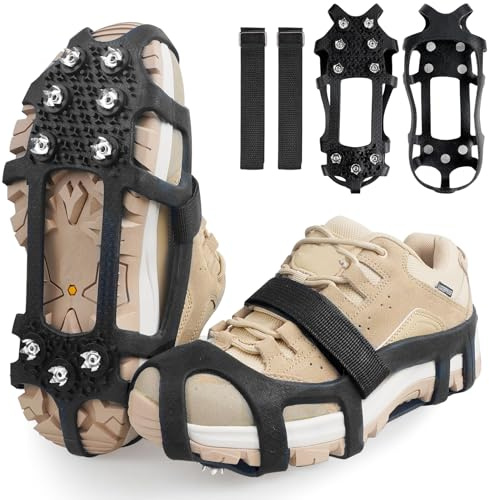 Ice Cleats for Shoes and Boots Snow Traction Cleats Crampons for Walking on Snow and Ice 9 Studs Non-Slip Overshoe Rubber Anti Slip Crampons Slip-on Stretch Footwear Winter Hiking Climbing Ice Fishing