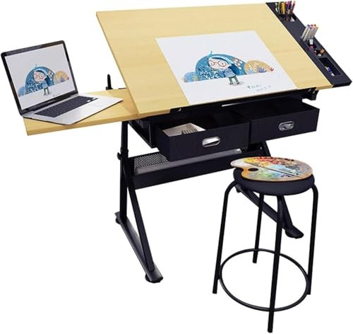 CWZZWS Zeichentische Zeichentisch mit Schubladen, vielseitiger Kunststudientisch, verstellbares Klappbrett, Kunstarbeitsplatz, Malerschreibtisch, Skizzen- und Malarbeitsplatz (Farbe: Glas)