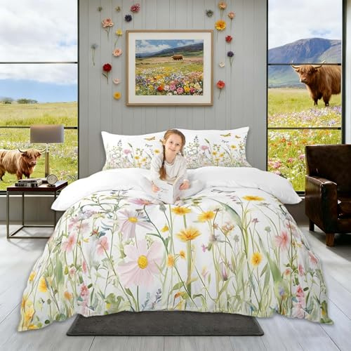 Homemissing Yellow Flowers Pattern Duvet Cover Set Double Size for Girls Adults Women Kids Butterflies Print Bedding Set Garden Flower Comforter Cover with 2 Pillowcases Nature Theme Zipper
