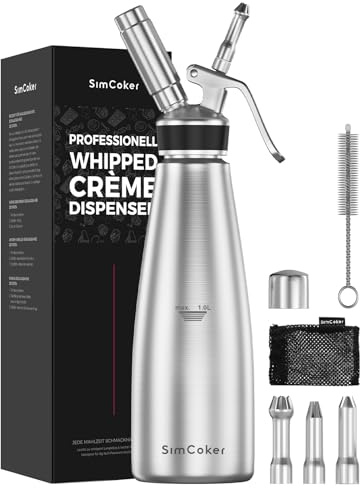 SimCoker Edelstahl Sahnespender,1L Schlagsahnebereiter für Schlagsahne,Sahnesiphon Ersatzteile 3 Spritztüllen 1 Reinigungbürste,Sahnebereiter Geschenk Sahnesprüher