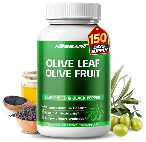 Nessarit Olive Leaf & Olive Fruit 9,100mg with 60% Oleuropein & 60% Hydroxytyrosol – Plus Black Seed Oil & Black Pepper – 150 Capsules
