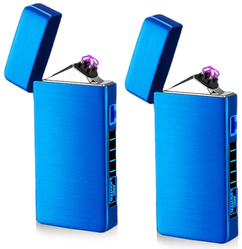 2 Stück USB Elektronische Feuerzeug, Electric USB Lighter Lichtbogen LED Dual Lichtbogen Feuerzeg mit Batterieanzeige Winddicht Plasma Feuerzeug per Knopfdruck Auslösen (Blau)