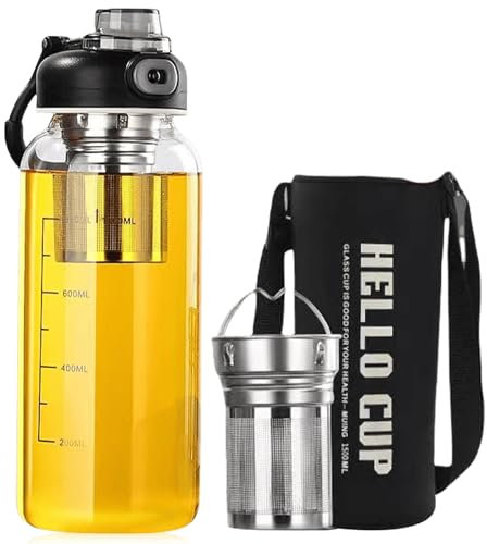 GBKDQQ Borraccia in vetro da 1,5 litri, grande bottiglia di tè in vetro con filtro in acciaio inox, Unique Lock – Cap Design – Bottiglia d'acqua in Gla s con alto contenuto borosilicato per fitness