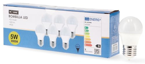 M Ledme - Confezione da 6 lampadine LED E27 G45 5W, luce calda (3000k), attacco E27, 450 lumen, IP20, apertura fascio luminoso 200°, efficienza energetica e basso consumo. Modello LM7603