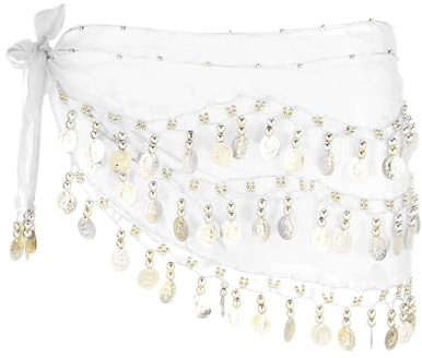 Sourcing Map Women's Belly Dance Hip Scarf 55x10 With 98 Gold Coin for Yoga Class, Costume Skirt Wrap, White