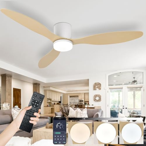 Grande Ventilador De Techo Con Luz Led Silencioso Y Mando A Distancia, Lampara Techo Ventilador Dormitorio, Modernos Plafon Ceiling Fan with Light Salon, 6-vel Motor DC Reversible-White-WoodGrain|52in