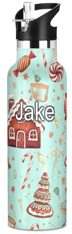 Botella de agua personalizada para niños con pajilla, botella de agua de acero inoxidable personalizada para viajes o escuela, sin BPA, casa de jengibre