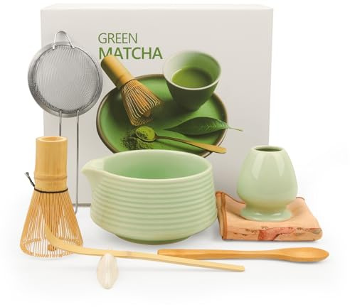 Matcha Whisk Set for Tea Lovers: GEEKHOM 8Pcs Ceramic Matcha Tea Set with Bamboo Whisk, Bowl, Scoop & Holder - Gift for Starter Friend Family Traditional Japanese Tea Ceremony and Breakfast