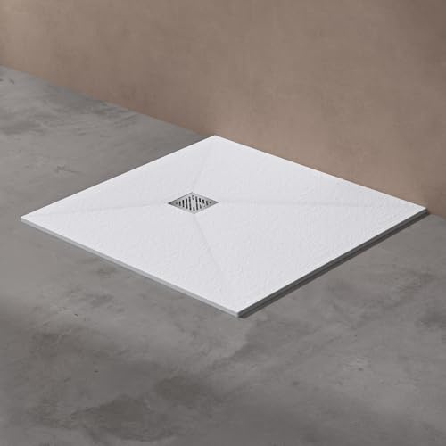 doporro Duschwanne Duschtasse 100x100x3cm Mineralguss Weiß Ablaufgarnitur | Flache Quadratisch Duschwanne für bodenebene Montage mit DIN-Anschlüssen – stabil & pflegeleicht AL06 Geoma09