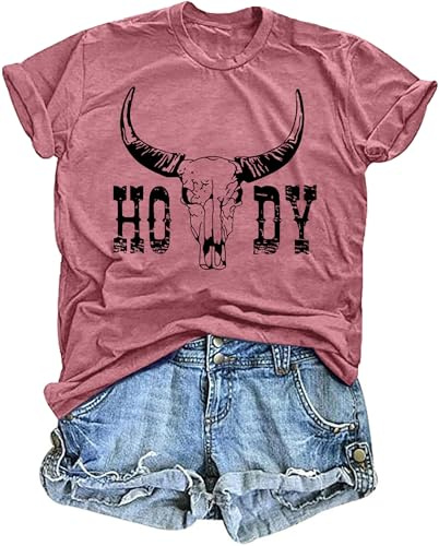 tiorhooe Cowgirl T Shirts for Women UK Bull Skull Short Sleeve Tee Shirts | Howdy Bull Skull Shirt, Western Country Style, Bold Graphic, Soft Breathable, Flattering Fit, Great For Summer, Rodeo Wear