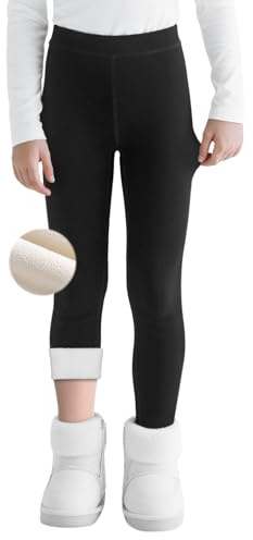 Domueay Ragazze Leggins Termici con Fodera in Pile, Morbidi Cotone Leggings Bambina Invernali Legging Felpati Vita Alta Caldi Collant Tinta Unita Elastici Lunghi Pantaloni 10-12 Anni, Nero
