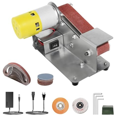 TECKZOON Lijadora de Banda Mini, Esmeriladora Eléctrica de Banco Ajustable a 7 Velocidades con Motor de Cobre Puro para Madera, Metal, Joyería y Bricolaje