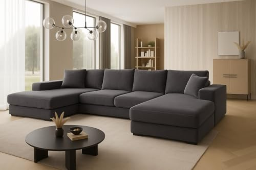 A&J MöbelLand Ecksofa VIENA 328x182 cm mit Schlaffunktion, Bonellfederkern und Bettkasten in Grau – modernes Schlafsofa mit Stauraum