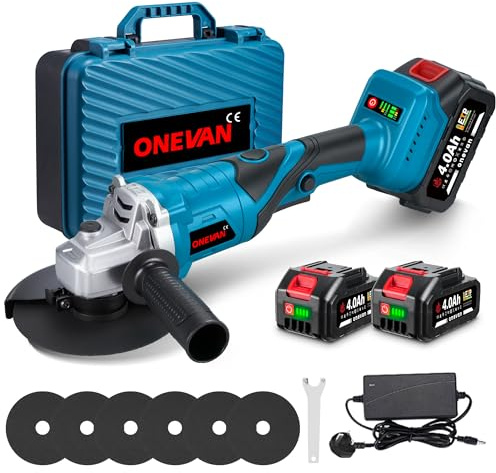 Cordless Angle Grinder - Brushless Angle Grinder 125mm (5 Inch),180°Rotating Handle,3-Speed Variable Speed,2×4.0Ah Batteries, with 6 Cutting Discs, Plastic Case, for Cutting/Grinding/Polishing