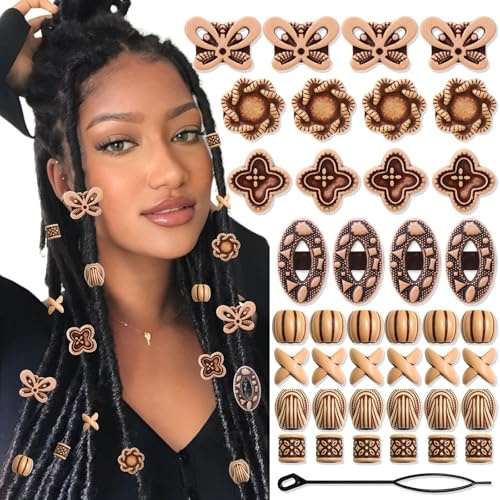 Auroriel 40 Stück Haarperlen Holzoptik Zopf Perlen Dreadlocks Schmuck Multi Form Beads Imitation Holz Zubehör mit Einfädelhilfe für Frauen Männer DIY Geschenk Idee