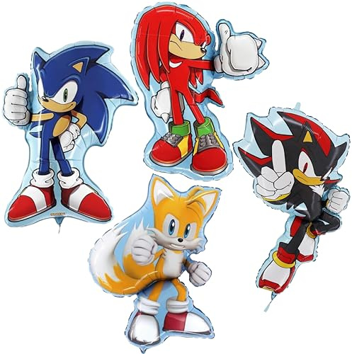 Toyland® 4er-Pack Folienballons 81 cm (32) Sonic-Form – Sonic, Tails, Knuckles, Shadow – Kinderparty-Dekoration