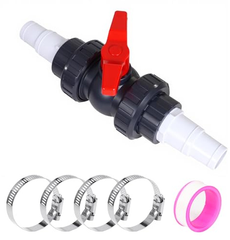 Zllzpzd Valvola a sfera con connettore per tubo, valvola di blocco in PVC, valvola di blocco per piscina, include 1 valvola di blocco da 1 1/2 pollici (38 mm), 2 raccordi per tubo da 32–38 mm
