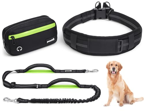Pecute Correa Perro Cintura Antitirones, Correas Manos Libres con Bolsillo Impermeable & Desmontable, Doble Asa, Cuerda Elástica Amortiguadora, Adecuado para Correr, Caminar y Entrenar, para 15-55kg