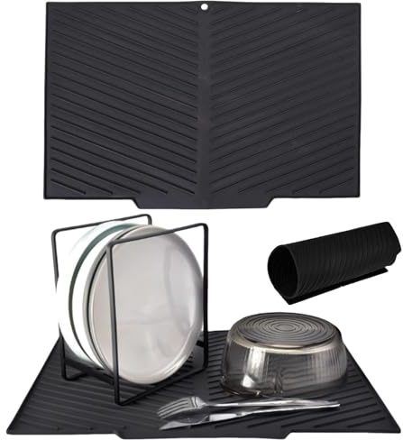 Draining Board Mats, Silicone Sink Drainer Mat for Kitchen Counter, Dish Drying Mat with Non-Slip Surface, Flexible Silicone Draining Mat, Universal Black Drain Board 37x27cm