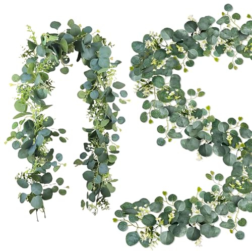 Guirnalda de eucalipto de 1,8 m, decoración de eucalipto artificial para bodas y decoración del hogar, guirnalda verde impermeable con flores blancas para interior y exterior, balcón, decoración de