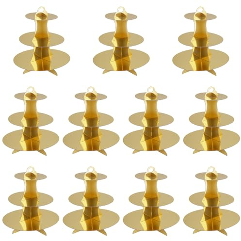 ZEONHEI 10 Pack 3 Tier Gold Cardboard Cake Stand, Round Cardboard Cupcake Tower Holder, Cupcake Display Stand for Birthday Party, Christmas Party, Wedding
