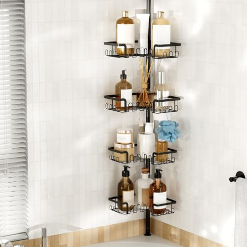 THKVESN Telescopic Shower Caddy Corner,4 Tier Tension Pole Shower Organiser,29–124 Inch Adjustable Height, No Drill Bathroom Shower Storage, Rustproof Metal Shelves,Black