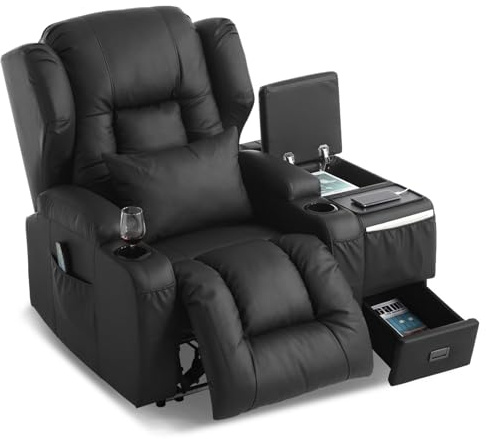 SITURAY Elektrisch Verstellbar Relaxsessel mit Liegefunktion, Kunstleder Fernsehsessel TV Sessel mit Massage und Wärme, Modern Kinosessel mit LED/USB, bis 150 kg (Schwarz, 1 Relaxsessel mit Konsole)