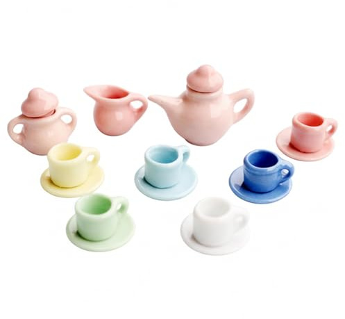 Monwssoe Juego de té en Miniatura de 15 Piezas para casa de muñecas, minitazas de té y Accesorios de cerámica Coloridas, decoración de casa de muñecas a Escala 1/12